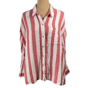 Old Navy Shirt Button Front Cotton Gauze Size XL Red White Stripe
